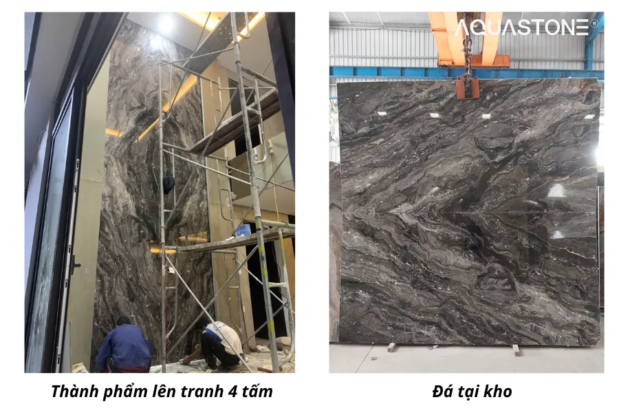 Tranh đá thông tầng tự nhiên phối vân đối xứng (Bookmatch) tạo điểm nhấn nghệ thuật độc bản và mở rộng chiều sâu cho không gian đại sảnh